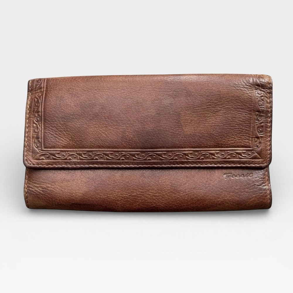Fossil Trifold Distressed Antique Genuine Leather Women's Wallet Brown Y2K